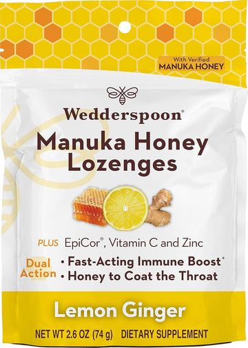 Wedderspoon Manuka Honey Immunity Lozenges With Epicor, Zinc, Vitamin C – Lemon & Ginger, 2.6 Oz (Pack Of 1), Boosts Immunity Within Two Hours