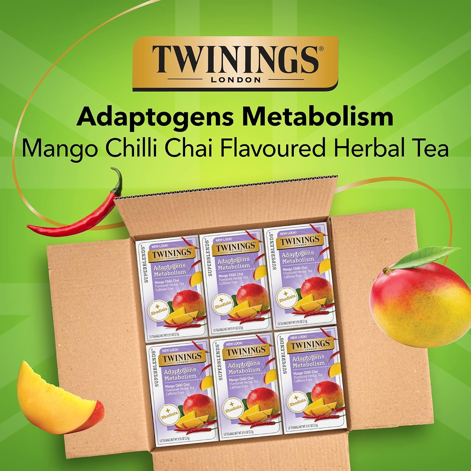 Twinings Superblends Adaptogens Metabolism With Rhodiola, Mango Chili Chai Herbal Tea Caffeine-Free, 18 Tea Bags (Pack Of 6), Enjoy Hot Or Iced