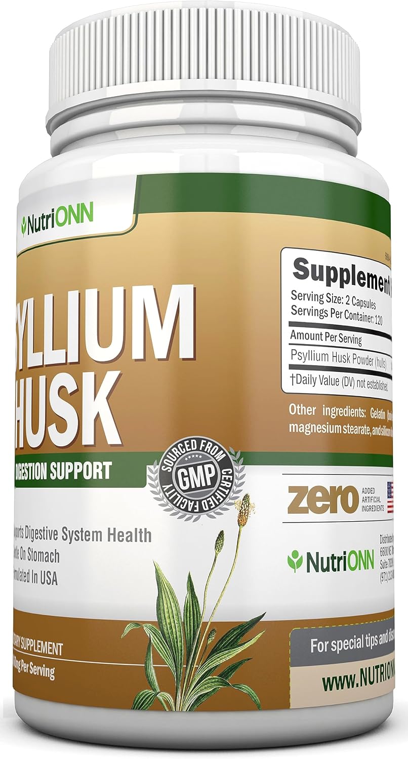 Nutrionn Psyllium Husk Capsules - 1450Mg Per Serving - 240 Capsules - Double Strength - Premium Psyllium Fiber Supplement - Great For Digestion And Regularity - 100% Natural Soluble Fiber : Health & Household
