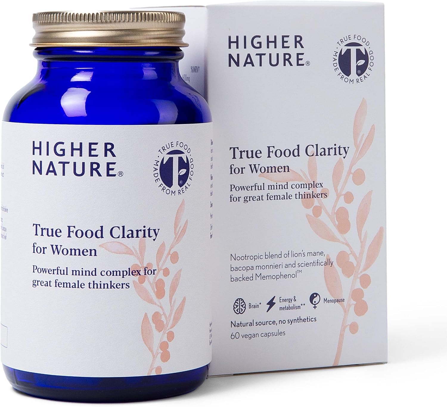 Higher Nature - True Food Clarity For Women - Nootropic - Support For Mental Clarity, Energy, Wellbeing & Cognitive Function - Lion'S Mane & Vitamin B12 - Vegan - One Month Supply - 60 Capsules