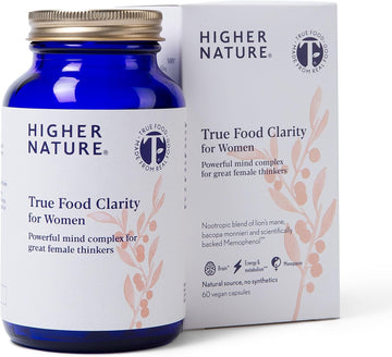 Higher Nature - True Food Clarity For Women - Nootropic - Support For Mental Clarity, Energy, Wellbeing & Cognitive Function - Lion'S Mane & Vitamin B12 - Vegan - One Month Supply - 60 Capsules