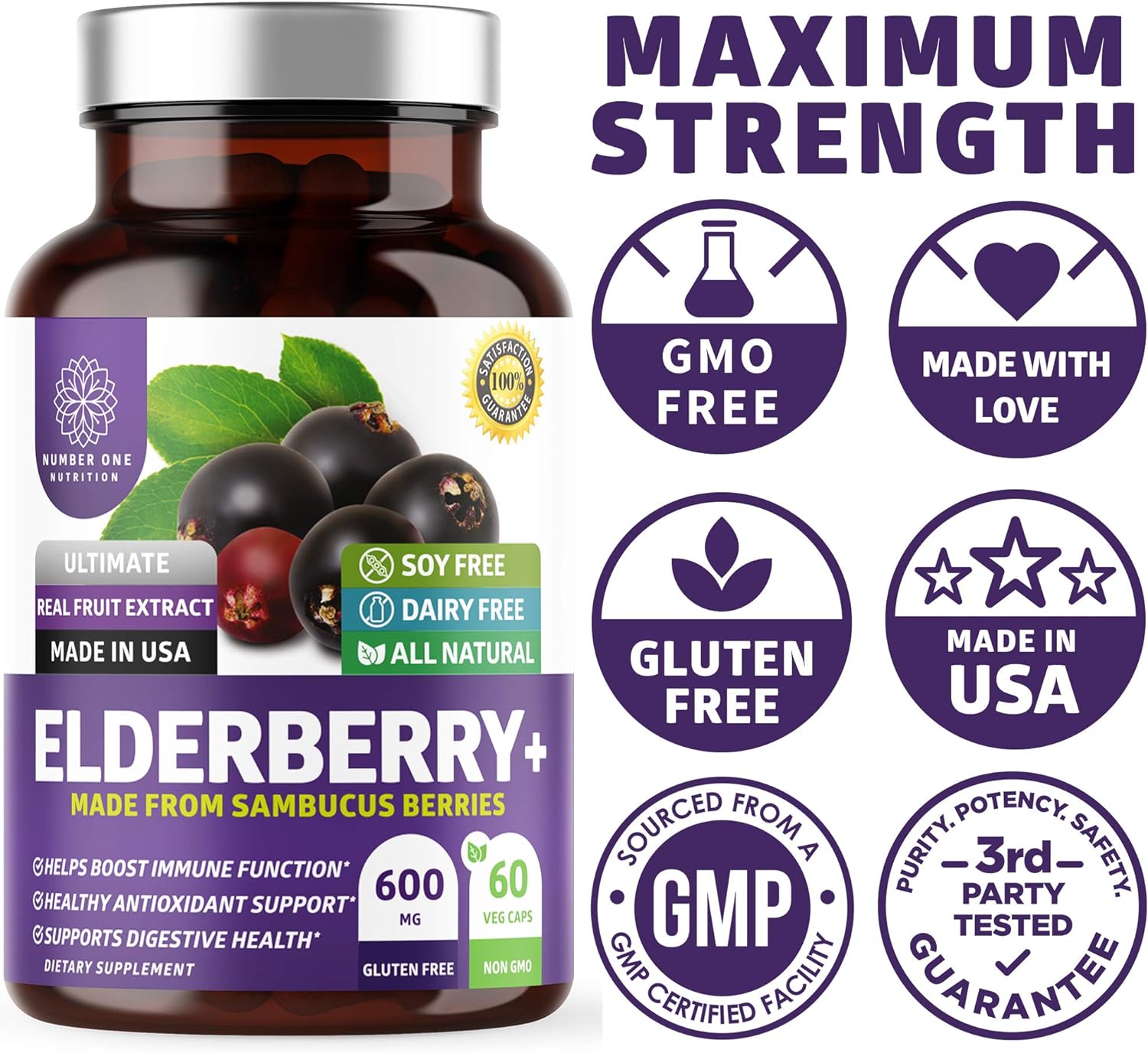 N1N Premium Black Elderberry Capsules for Adults [Max Strength] Pure and Potent Elderberry from Sambucus Nigra to Support Immunity & Skin Health, Non-GMO, Gluten Free, 60 Veg Caps : Health & Household