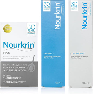 Nourkrin Man For Hair Growth And Hair Preservation Food Supplement With Marilex-M Biotin And Fenugreek (180 Tablets With Shampoo And Conditioner)