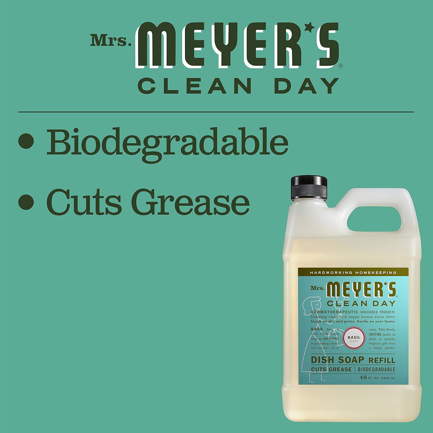 Mrs. Meyer'S Clean Day Liquid Dish Soap Refill, Biodegradable Formula, Basil, 48 Fl. Oz