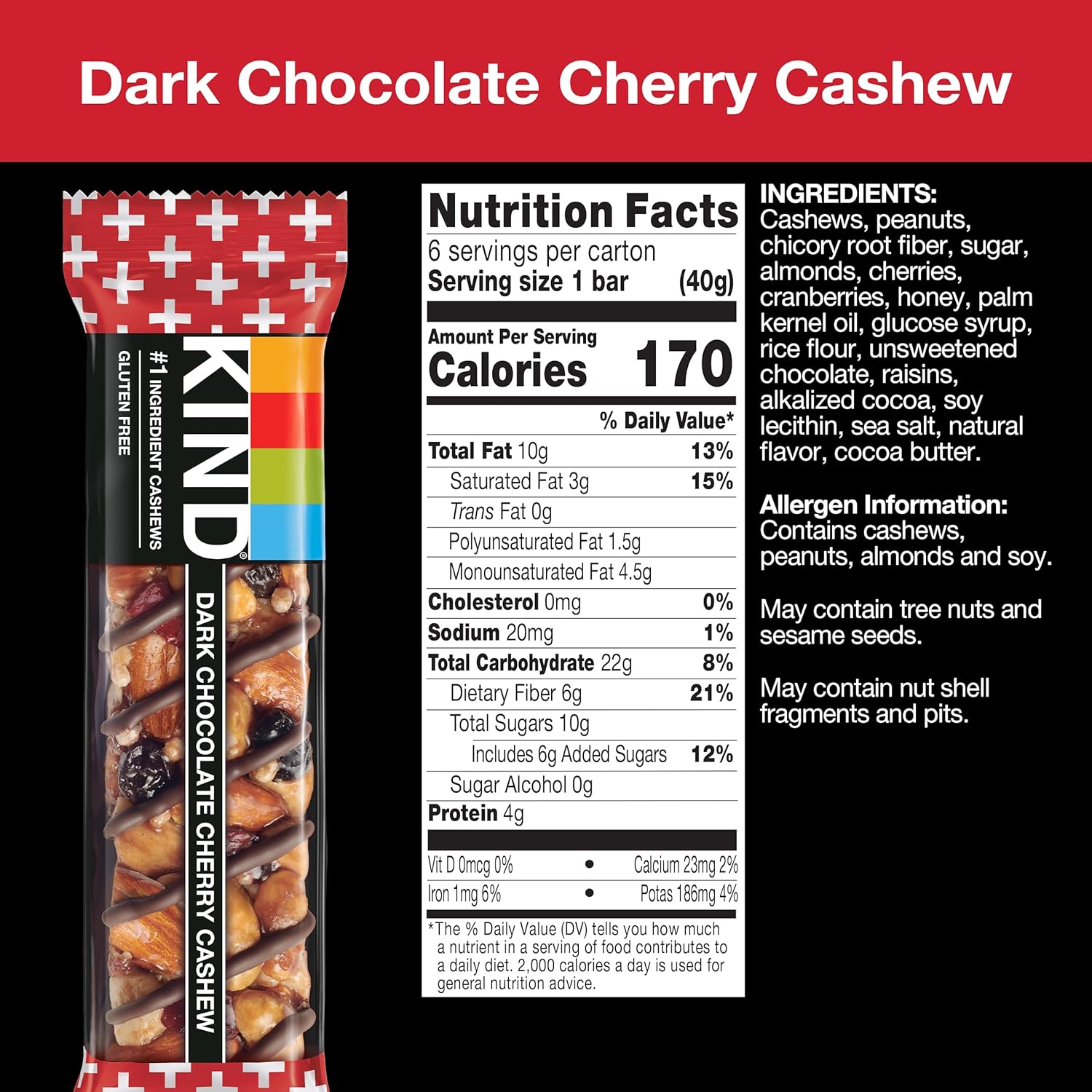 Kind Bar, Dark Chocolate Cherry Cashew, 8.4 Oz (Pack Of 6)