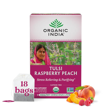 Organic India Tulsi Raspberry Peach Herbal Tea - Stress Relieving & Purifying, Immune Support, Gluten Free, Vegan, Kosher, USDA Certified Organic, Non-GMO, Caffeine-Free - 18 Infusion Bags