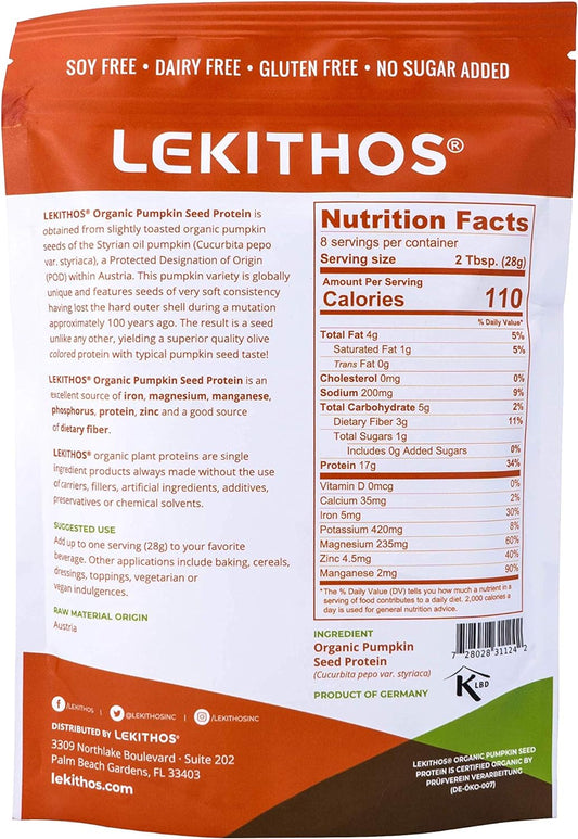 Lekithos Organic Pumpkin Seed Protein - 8 oz - 17g Protein - Certified