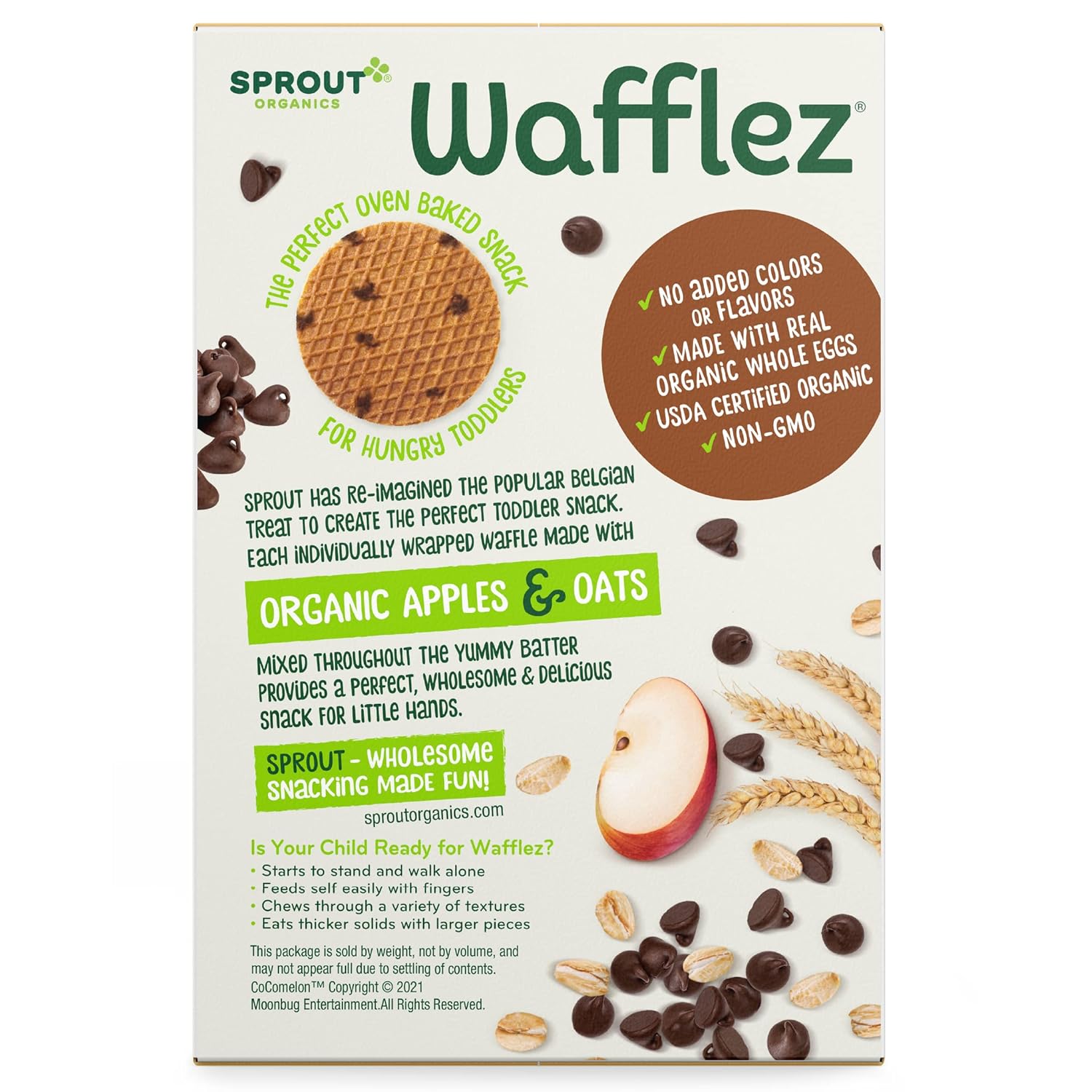 Cocomelon Sprout Organic Baby Food Toddler Snacks, Oatmeal Chocolate Chip Wafflez, 50 Single Serve Waffles
