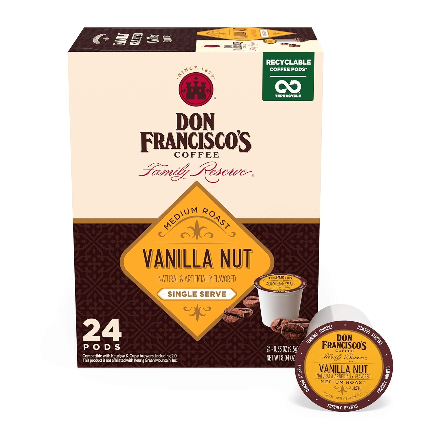 Don Francisco's Vanilla Nut Flavored Medium Roast Coffee Pods - 24 Count - Recyclable Single-Serve Coffee Pods, Compatible with your K- Cup Keurig Coffee Maker