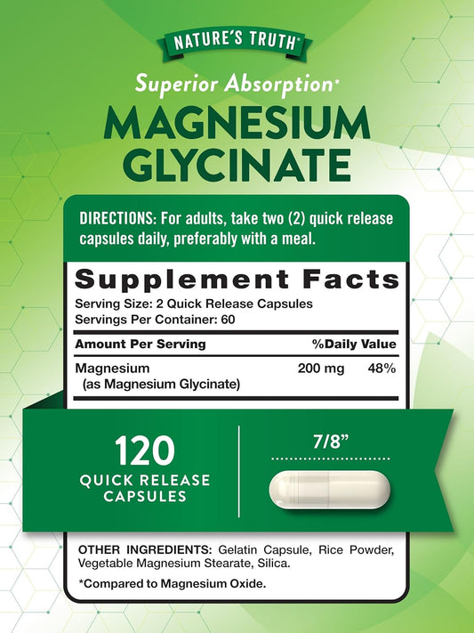 Nature'S Truth Magnesium Glycinate 200Mg | 120 Capsules | High Absorption Chelated Magnesium | Non-Gmo & Gluten Free Mineral Supplement