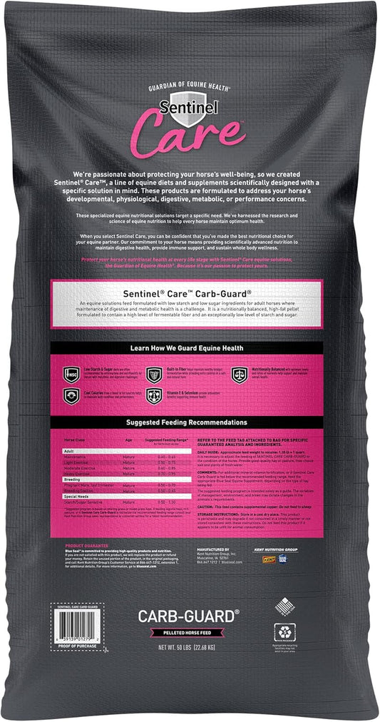 Blue Seal Sentinel Care Carb-Guard, Premium Pelleted Horse Feed, Low Starch & Sugar, 50 Pound Bag