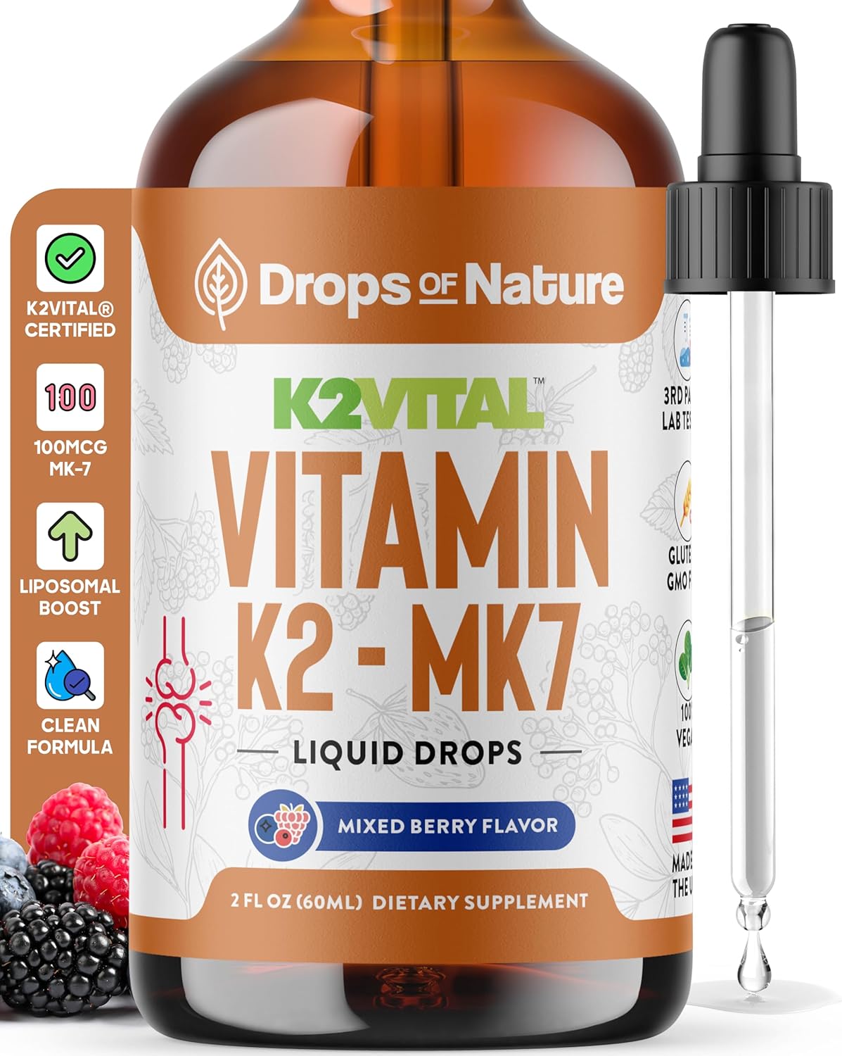 Vitamin K2 Mk7 Liquid Supplement – Pure K2Mk7 Menaquinone-7 (100 Mcg) – Vegan, Non-Gmo & Fast-Absorbing – Daily K2 Vitamin Supplement For Bone Strength & Cardiovascular Support (Mixed Berry, 60Ml)