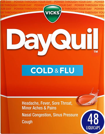 Vicks DayQuil Cold & Flu Medicine, Non-Drowsy Powerful Multi-Symptom Daytime Relief for Headache, Fever, Sore Throat, Minor Aches and Pains, Nasal Congestion, Sinus Pressure and Cough, 48 Liquicaps