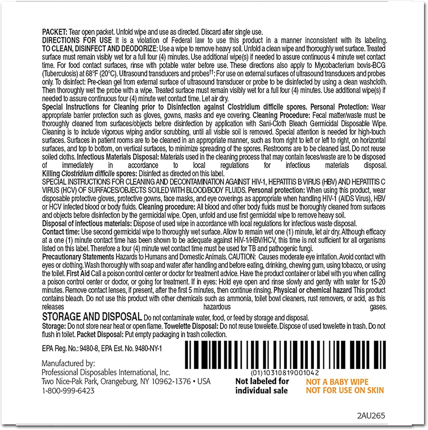 Pdi Sani-Cloth Bleach Wipe 11.5" X 11.75" - Model U26595 - Box Of 40 : Health & Household