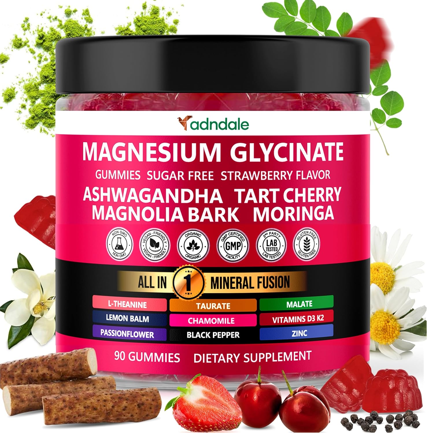 90Ct 15-In-1 Magnesium Glycinate Gummies 400 Mg/Serv- With Magnesium Malate, Ashwagandha, Tart Cherry, Magnolia Bark, Lemon Balm, Passionflower, Chamomile, L-Theanine, Zinc, Vitamin K2 & D3