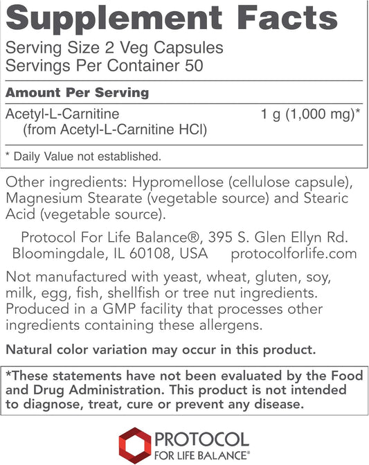 Protocol Acetyl-L-Carnitine 500mg - Supports Energy, Brain & Mitochondrial Health* - Brain Pills - Amino Acid - Made without Gluten, Non-GMO, Vegan - 100 Veg Caps