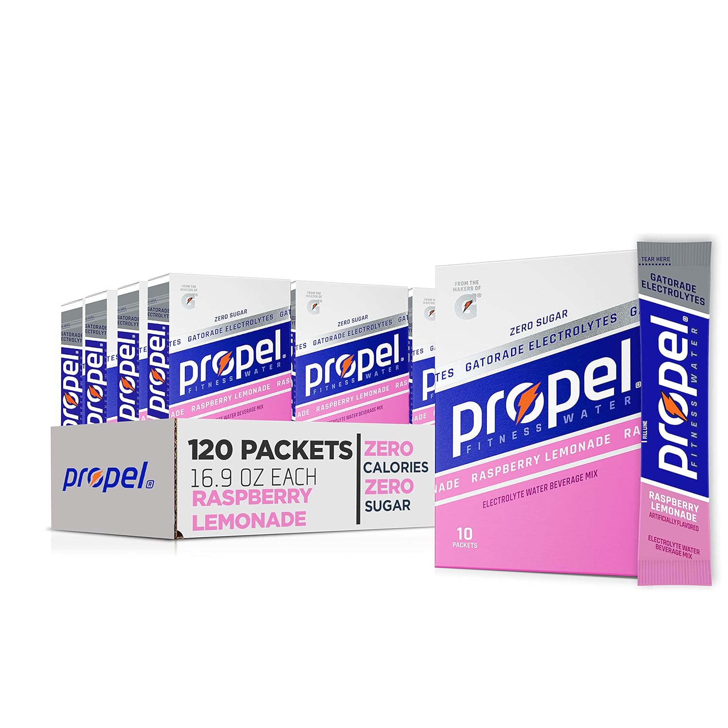 Propel Powder Packets. Raspberry Lemonade With Electrolytes, Vitamins And No Sugar, 10 Count (Pack Of 12) -Packaging May Vary