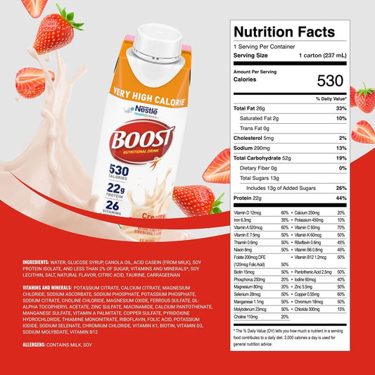 Boost Very High Calorie Strawberry Nutritional Drink – 22G Protein, 530 Nutrient Rich Calories, 8 Fl Oz (Pack Of 24)