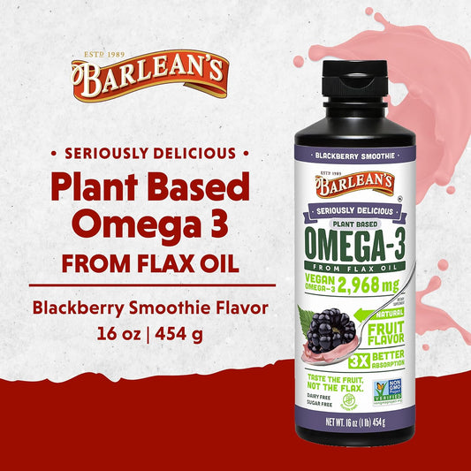 Barlean's BlackBerry Flaxseed Oil Liquid, Vegan Omega 3 6 9 Supplements for Kids & Adults from Cold Pressed Flax Seed Oil with 2,968 mg of Vegan Omegas, Non-GMO & Gluten Free, 16 oz