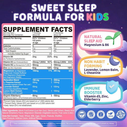 Kids Sleep Gummies, No Melatonin Sleep Aid Gummies W/Magnesium Glycinate, Magnesium Malate, L-Theanine, Lavender, B6, Zinc, D3K2 For Restful Sleep, Relax Brain & Muscle, Immune Support, Non-Gmo 2Pack