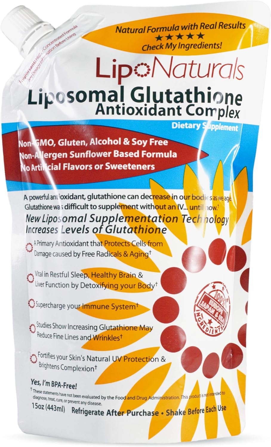 Liposomal Glutathione Complex Liquid (30 Doses) - Natural Formula Immunity + Liver Health + Anti-Aging Support with Vitamin C - Vegan, China-Free (15oz / 443ml)