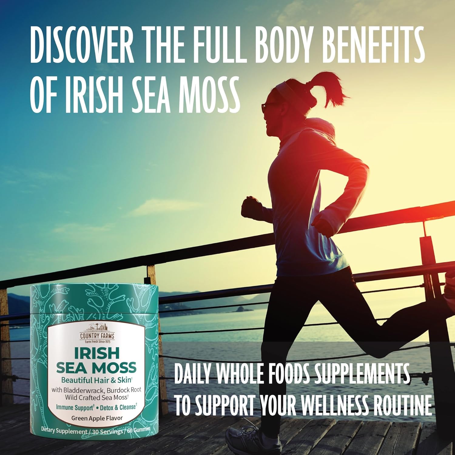 COUNTRY FARMS Irish Sea Moss Gummies, 2000mg Irish Moss, Burdock Root, Bladderwrack for Immune Support, Promotes Digestive Health, Skin and Hair Support, Pectin Based, Vegan, Gluten Free, Green Apple : Health & Household