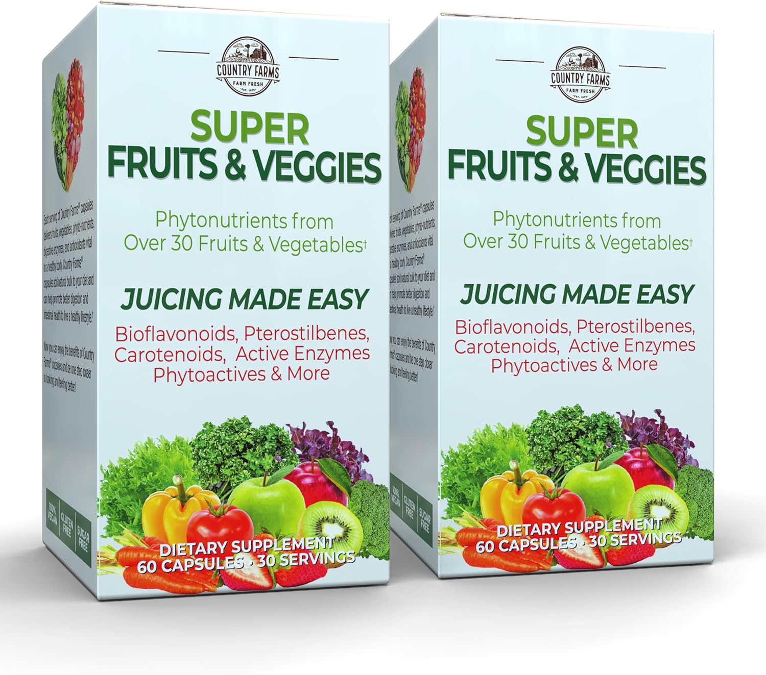 Country Farms Super Fruits And Veggies Capsules, Whole Food Supplement, Powerful Antioxidant, Supports Energy, Immune Health, Boosts Digestive Health, 30 Organic Super Foods, 60 Servings, 2 Pack
