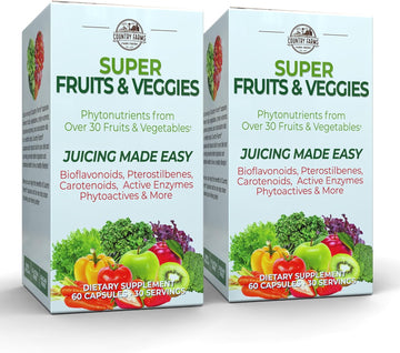 Country Farms Super Fruits And Veggies Capsules, Whole Food Supplement, Powerful Antioxidant, Supports Energy, Immune Health, Boosts Digestive Health, 30 Organic Super Foods, 60 Servings, 2 Pack