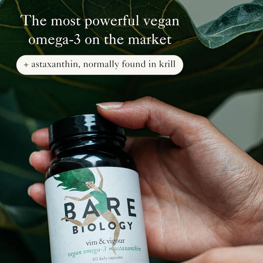 Bare Biology Vegan Omega 3 Algae Oil + Astaxanthin - Vim & Vigour Capsules (30 Servings) EPA 250mg DHA 500mg, Sustainably Sourced/Independently Tested for Purity