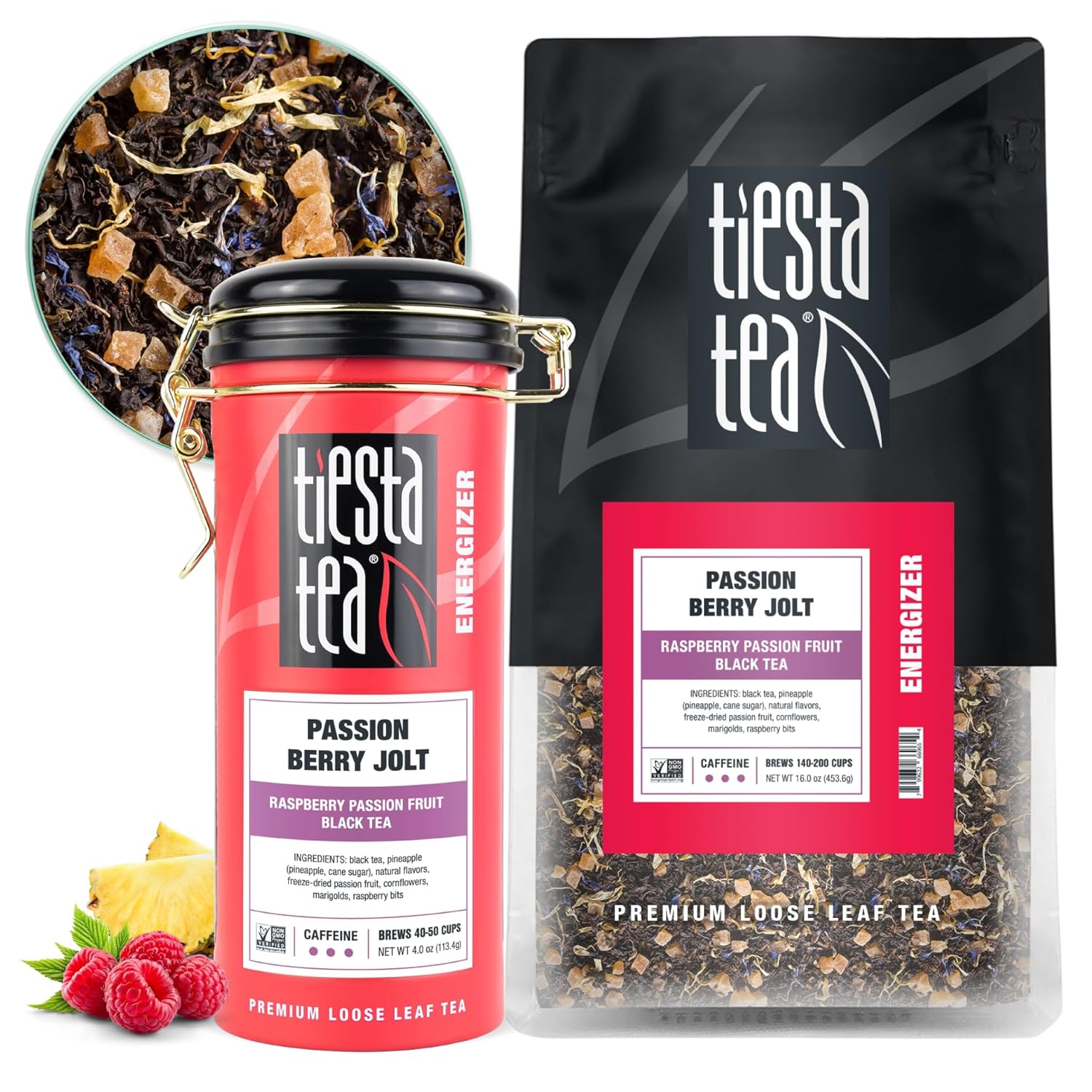 Tiesta Tea - Passion Berry Jolt | Raspberry Passion Fruit Black Tea | Premium Loose Leaf Tea Blends | High Caffeinated Black Tea | Make Hot Or Iced Tea - 16Oz Bulk Pouch & 4Oz Refillable Tin Combo