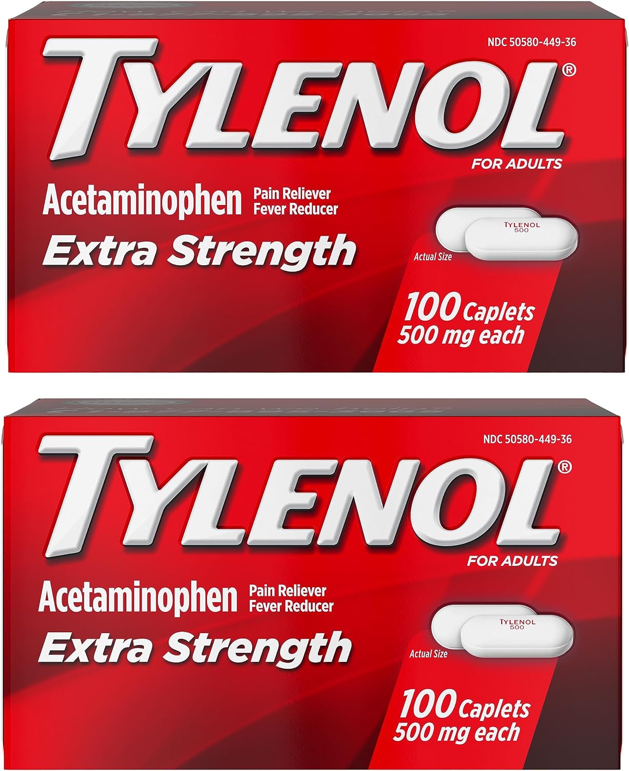 Tylenol Extra Strength Pain Reliever and Fever Reducer Caplets, 500 mg Acetaminophen Pain Relief Pills for Headache, Backache, Toothache & Minor Arthritis Pain Relief; 100 ct.; Pack of 2