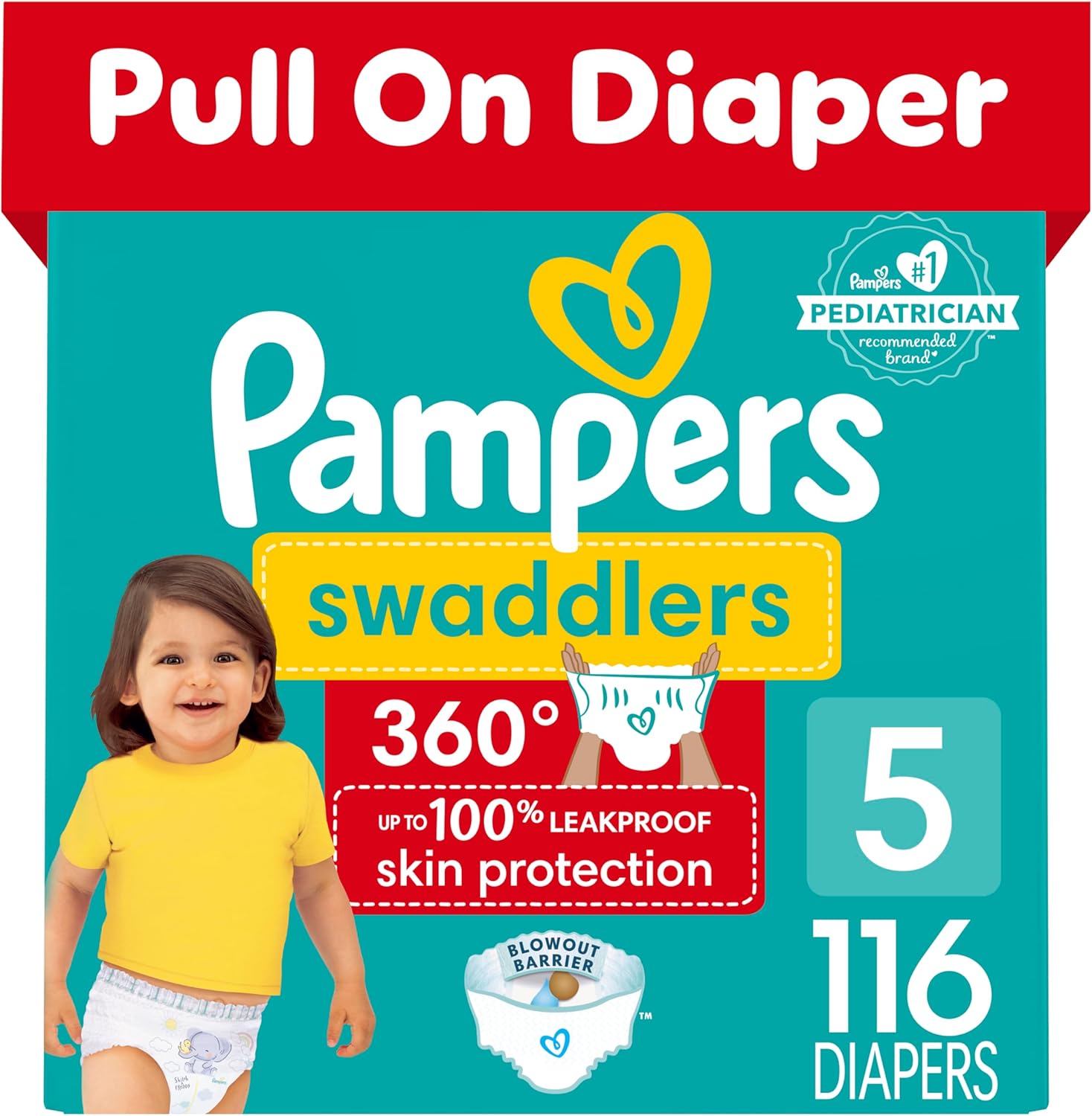 Pampers Swaddlers 360 Pull-On Diapers, Size 5, 116 Count, One Month Supply, For Up To 100% Leakproof Skin Protection And Easy Changes