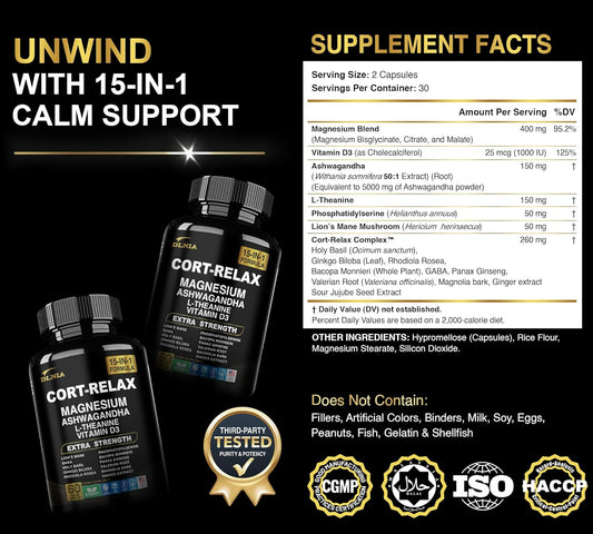 Super Calm Cortisol Supplement With Magnesium Glycinate, Ashwagandha Ksm-66, L-Theanine, Phosphatidylserine, Ginkgo Biloba & Lions Mane For Calm, Focus, Mental Clarity, Relaxation, Sleep, Energy