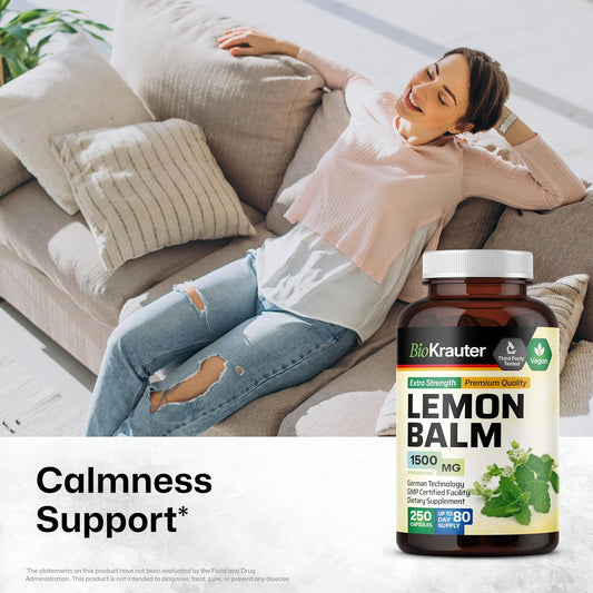 Lemon Balm Herb Capsules - Vegan Organic Melissa Herbal Supplement 1500 mg - 250 Natural Relaxation and Rest Pills