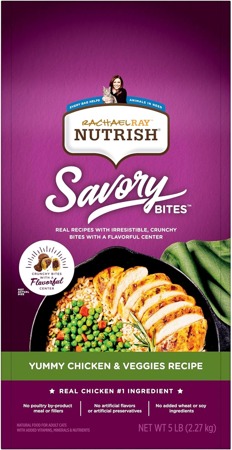 Rachael Ray Nutrish Savory Bites Dry Cat Food, Yummy Chicken & Veggies Recipe, 5 Pound Bag