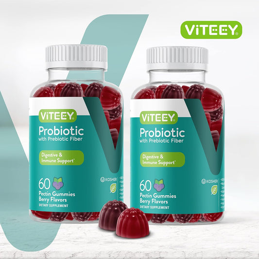 Probiotic Gummies With Prebiotic Fiber, Extra Strength 2 Billion Cfus - Prebiotics And Probiotics For Immune & Digestive Support - Vegan, Gelatin Free, Gmo Free - Tasty Chewable Berry Flavored Gummy