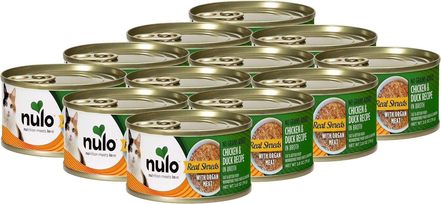 Nulo Grain-Free Real Shreds With Organ Meat Wet Canned Cat & Kitten Food, Chicken And Duck In Broth, 2.8 Ounce, 12 Cans