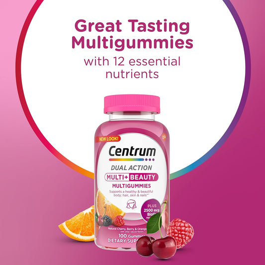 Centrum MultiGummies Multi+ Beauty Dual Action Multivitamin, Specially Designed with Biotin for Healthy Hair, Skin and Nails, Cherry/Berry/Orange avors - 100 Count