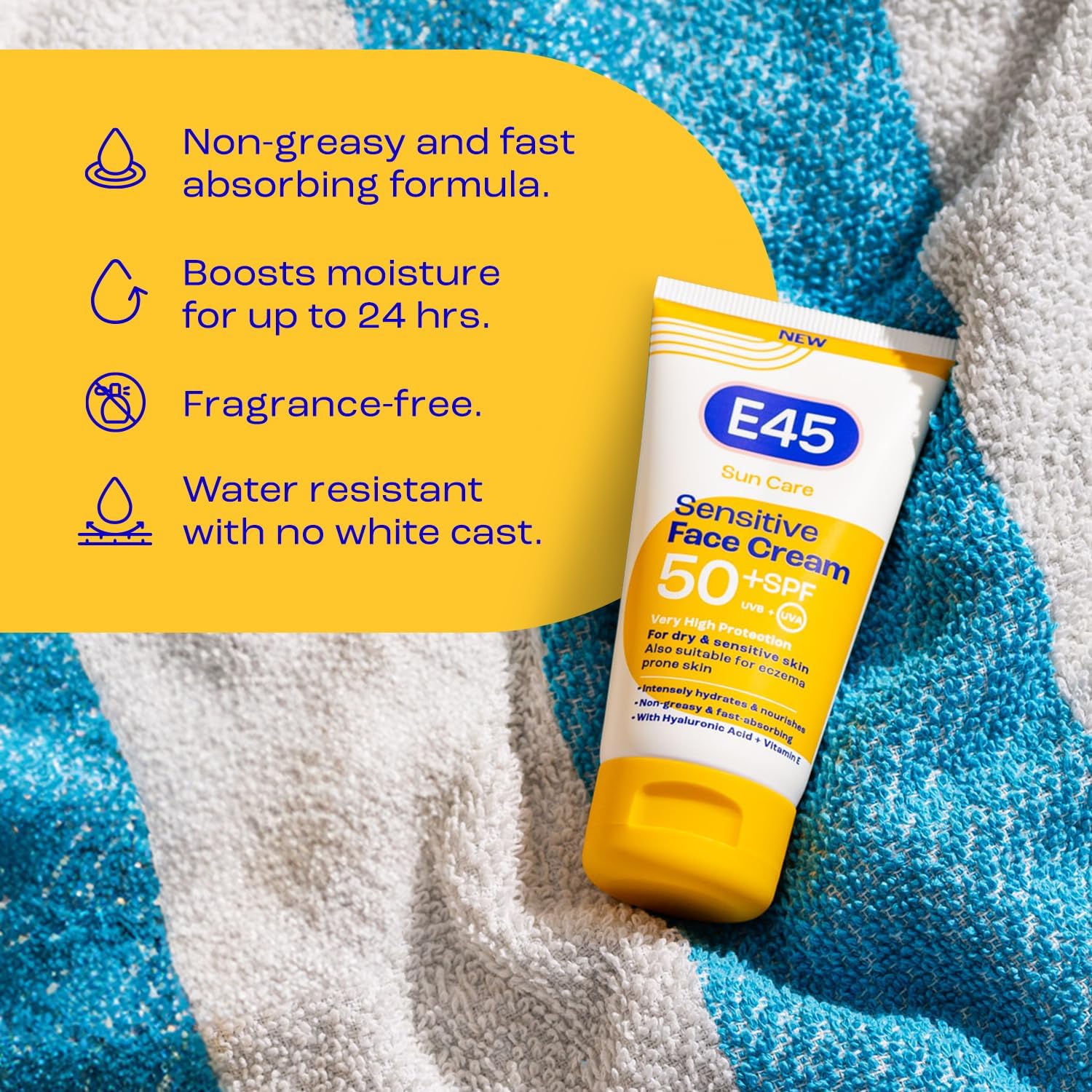 E45 SPF50+ Sensitive Sun Cream for Face with Hyaluronic Acid - UVA and UVB Protection - Fragrance-Free and Dermatologically Tested Sunscreen - Suitable For Dry, Sensitive and Eczema Prone Skin (50ml) : Amazon.co.uk: Beauty