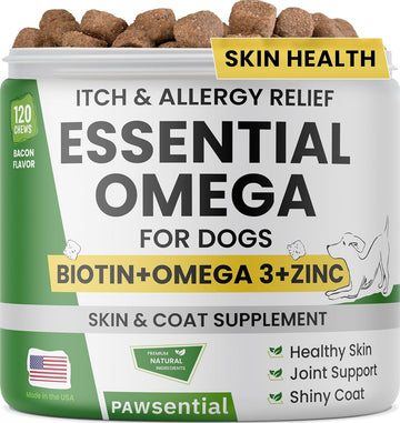 Omega 3 for Dogs - for Dry Itchy Skin - Fish Oil Chews - Skin & Coat Supplement - Itch Relief, Allergy, Anti Shedding, Hot Spots Treatment - w/EPA & DHA - Vitamins - Made in USA-120 Treats