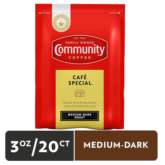 Community Coffee Café Special, Medium Dark Roast Pre-Measured Coffee Pack, 3.0 Ounce Bag (Box of 20)