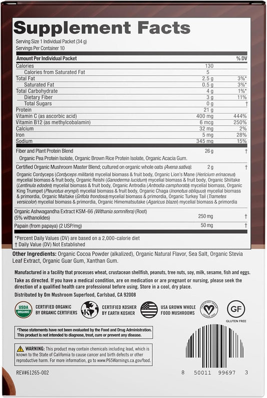 Om Mushroom Superfood Master Blend Mushrooms & Adaptogens, Creamy Chocolate Plant Protein, Single Serve, 10 Count, 10 Mushroom Complex, Lion'S Mane, Ashwagandha For Energy, Recovery, Stress Relief