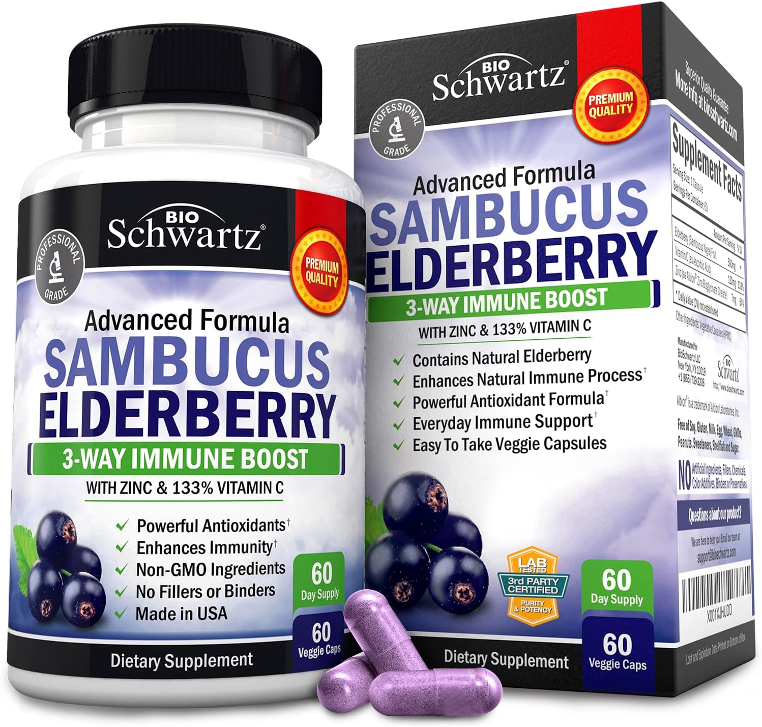 Elderberry with Zinc and Vitamin C for Adults - Immune Support Vitamins for Women and Men Natural Elderberries Black Sambucus Capsules - Immune Defense Multiminerals Supplement, Gluten-Free, 60 Ct