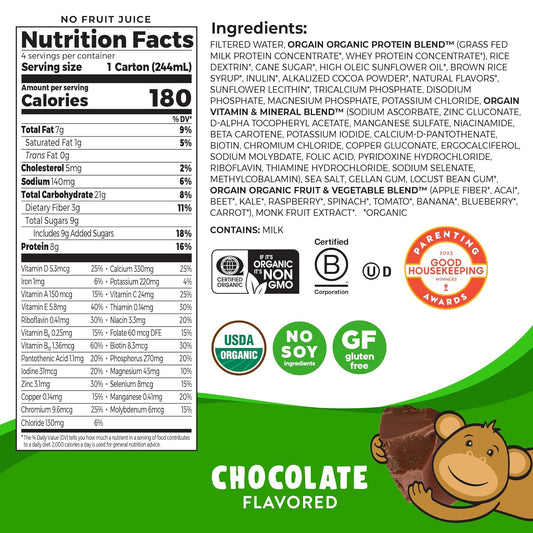 Orgain Organic Kids Nutritional Protein Shake, Chocolate, Healthy Kids Snacks, 8G Dairy Protein, 3G Fiber, 22 Vitamins & Minerals, No Soy Ingredients, Gluten Free, Non-Gmo, 8.25 Fl Oz (Pack Of 12)