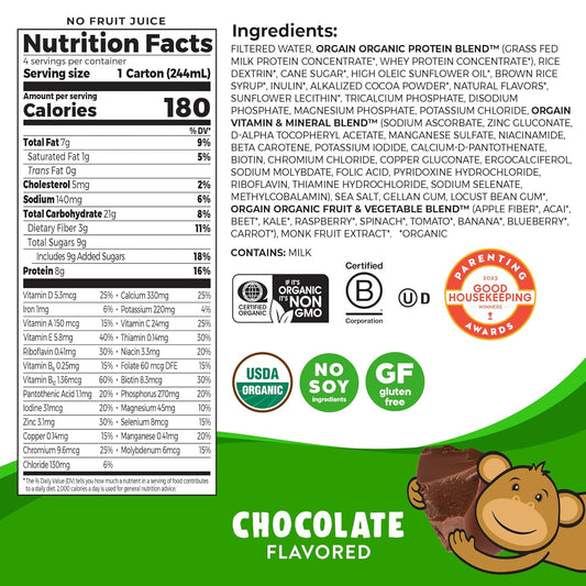 Orgain Organic Kids Nutritional Protein Shake, Chocolate, Healthy Kids Snacks, 8G Dairy Protein, 3G Fiber, 22 Vitamins & Minerals, No Soy Ingredients, Non-Gmo, 8.25 Fl Oz (Packaging May Vary) (4 Pack)