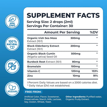 Irish Sea Moss Drops - 5X Stronger Than Sea Moss Gel - 92+ Essentials Minerals - With Spirulina Powder, Burdock Root & Black Cumin - 2 Fl Oz (60Ml) - Strawberry Flavor