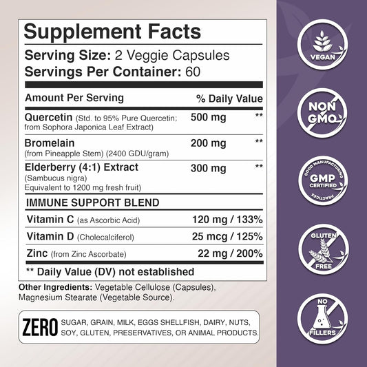Quercetin With Vitamin C And Zinc - Elderberry - Quercetin 500Mg - Quercetin With Bromelain - Zinc Quercetin - Vitamin D3 - 6 In 1 Daily Immune Support, Non-Gmo, Gluten-Free - Sambucus Supplement -Usa