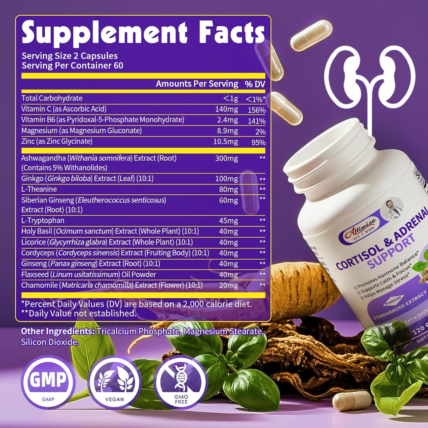 Alliwise Cortisol Supplements For Women & Men - Adrenal Support With Ashwagandha, L-Theanine & Holy Basil For Stress Relief, Mood & Steady Focus - Hormone Balance - 120 Vegan Capsules : Health & Household