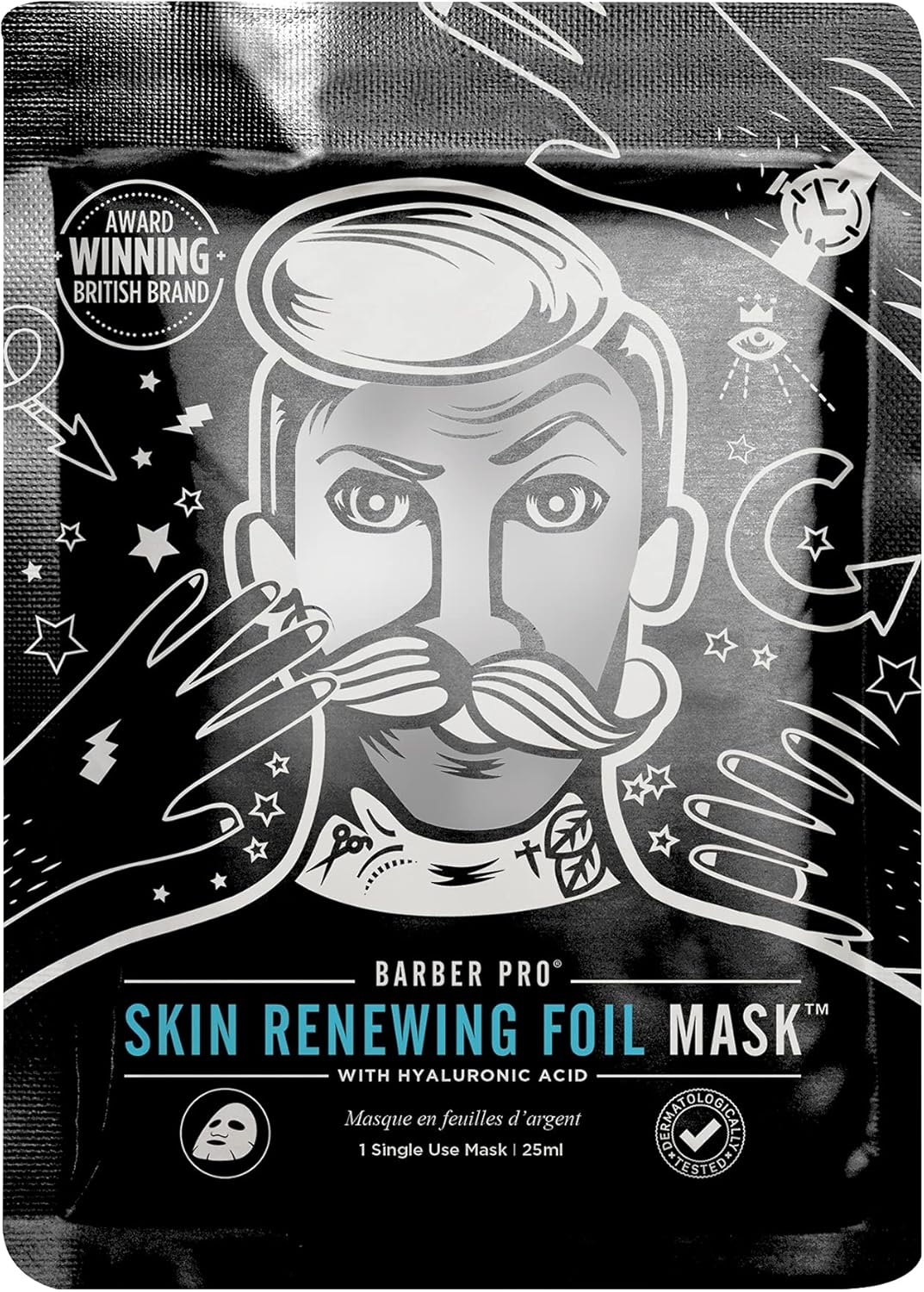 Barber Pro Skin Renewing Foil Face Mask Mens Skincare Self Warming Sheet Hydrating Anti-Aging Restorative Collagen Hyauronic Acid & Q10 Reduces Fine Lines & Wrinkles Multi Award Winning Brand