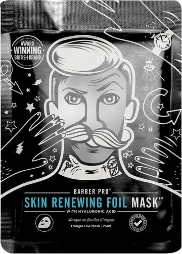 Barber Pro Skin Renewing Foil Face Mask Mens Skincare Self Warming Sheet Hydrating Anti-Aging Restorative Collagen Hyauronic Acid & Q10 Reduces Fine Lines & Wrinkles Multi Award Winning Brand